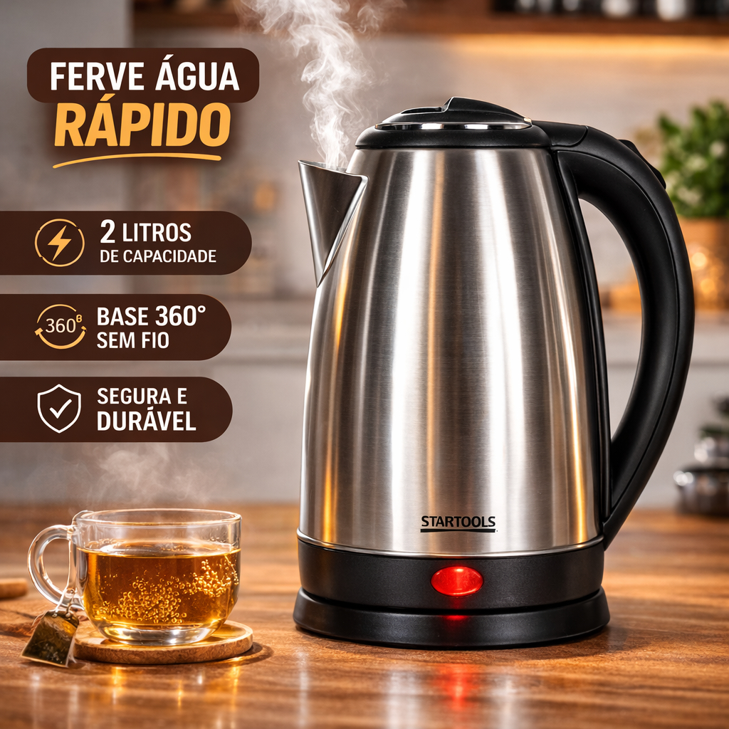 Chaleira Elétrica 2 Litros 1500W Inox Base Giratória Aquecimento Rápido Térmica Desligamento Automático  220V