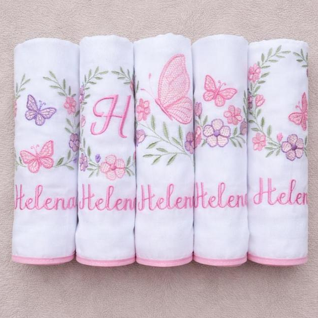 Kit 5 Fraldas de Pano Personalizadas Borboletas 70x70 – Bebê Enxoval Bordado