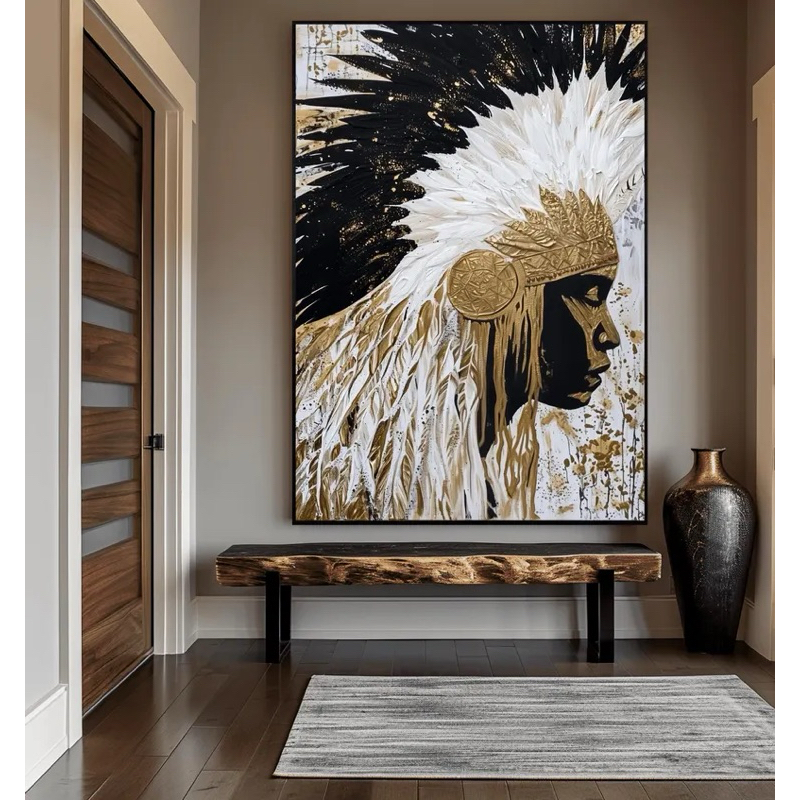 quadro decorativo índio cocar gigante branco e preto