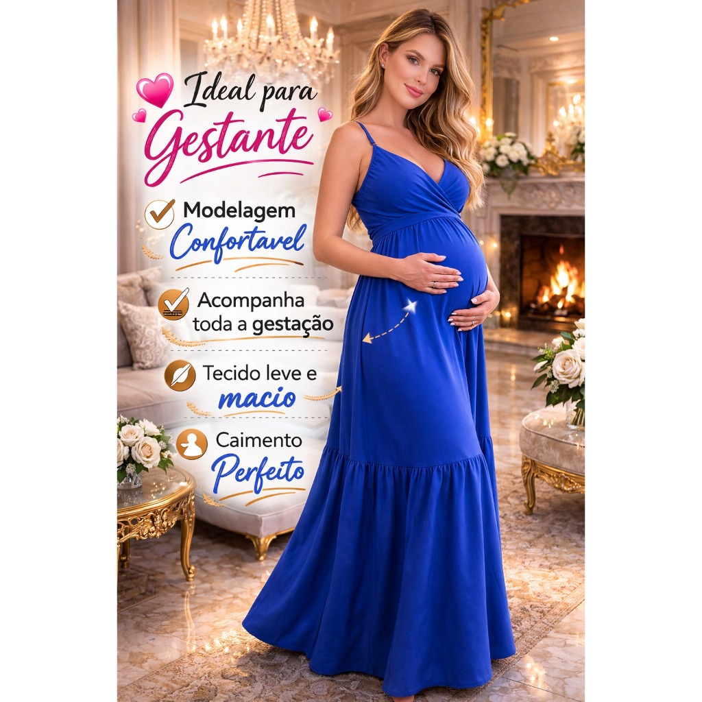 Vestido Longo Gestante Elegante Moda Maternidade Decote Transpassado Confortável Caimento Leve Festa Evento