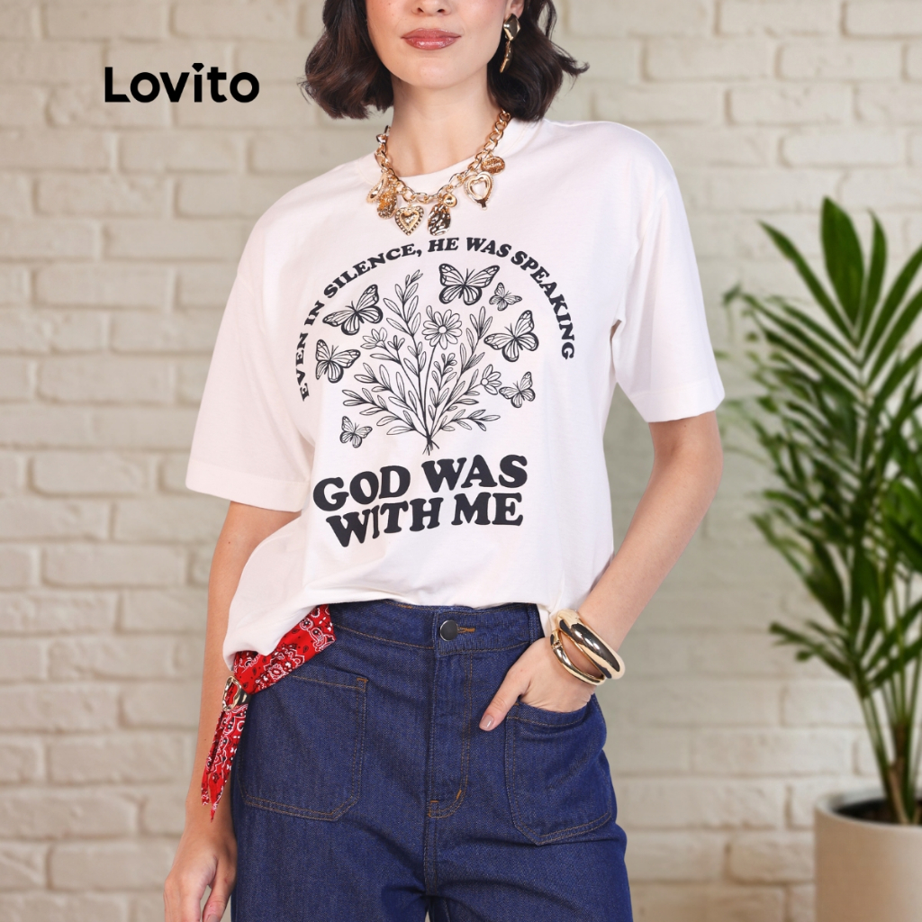 Lovito Camiseta Casual Deus Moda Feminina Estampada TSB16661696 em Oferta na Shopee