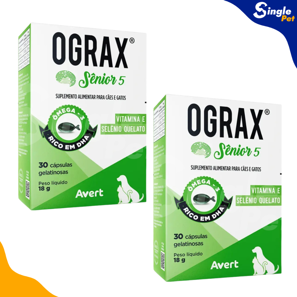 Kit 2 Suplemento Alimentar Ograx Sênior 5 com Ômega 3 para Cães e Gatos Idosos - 30 Cápsulas