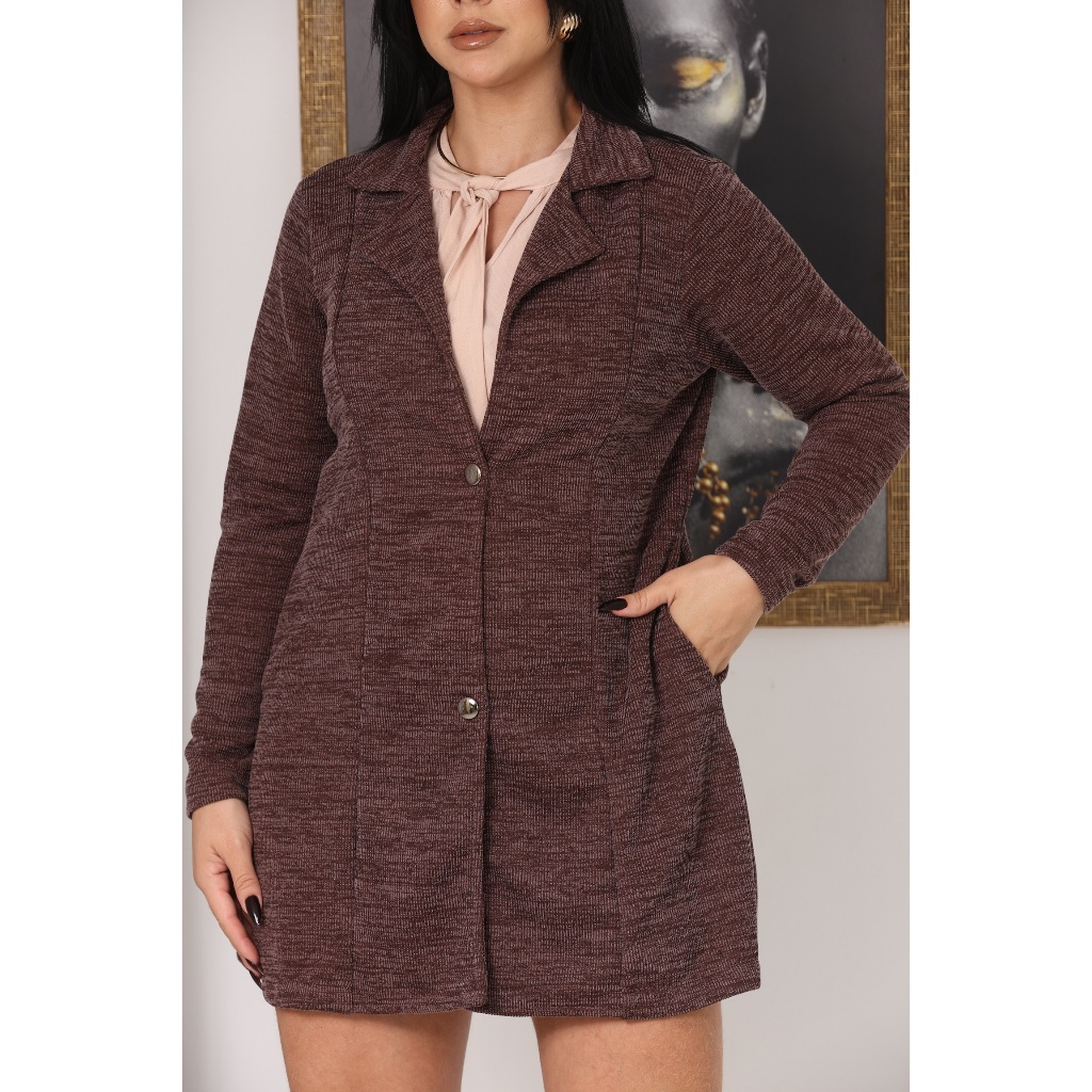 Casaco Feminino Longo Social Com Bolsos Malha Ribana Moda Outono Fashion