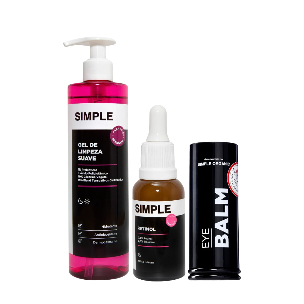 Kit Rotina Pele Madura Gel Limpeza Suave 350g + Ultra Sérum Retinol 30ml + Balm De Olhos Simple Organic