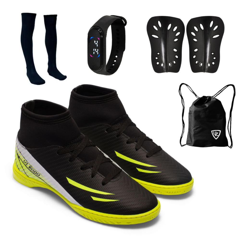 Chuteira Futsal UZ 2000 Botinha Cano Alto Adulto Uzze Sport Alta Durabilidade + Meião Relógio Caneleira Mochila
