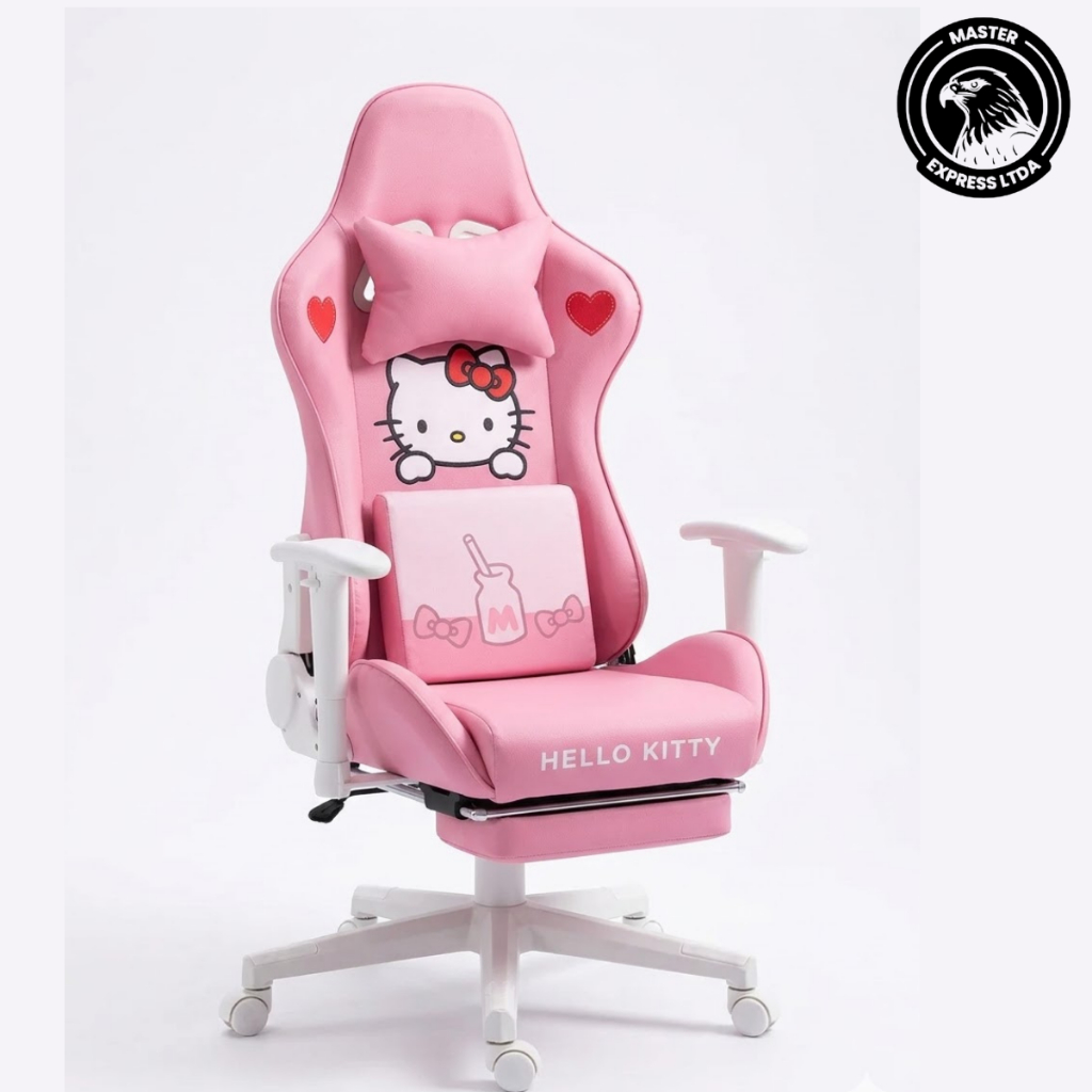 Cadeira gamer Hello Kitty Rosa com descanso para pés e almofada