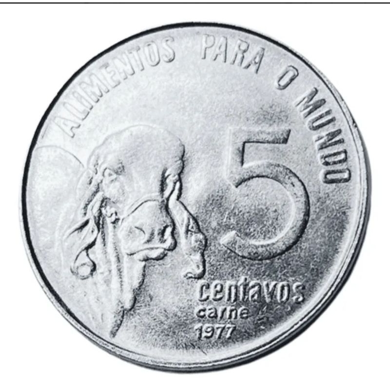 Moeda do Brasil, 5 Centavos boi zebu ,1977 - Série FAO (Alimentos para o Mundo) Flor de cunho.