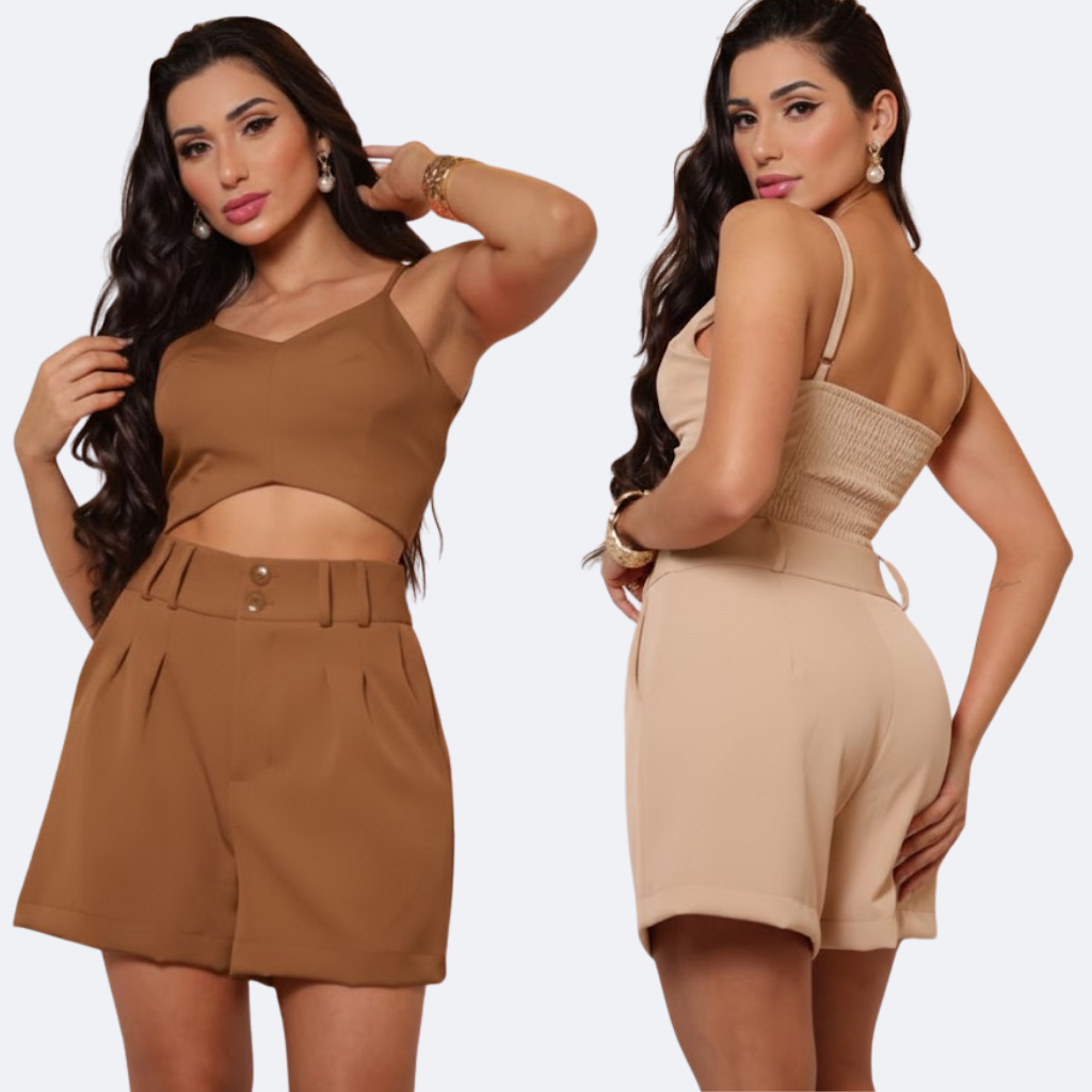 Conjunto Alfaiataria Cropped tem Bojo é Elastano - Short Bermuda com Bolso Botão Moda Gringa