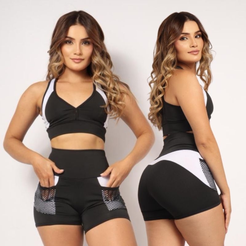 Conjunto short + top academia alta compressão Cintura Alta e Modeladora com Bolso Caminhada Esportes em Oferta na Shopee