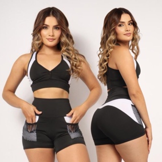Conjunto short + top academia alta compressão Cintura Alta e Modeladora com Bolso Caminhada Esportes em Oferta na Shopee