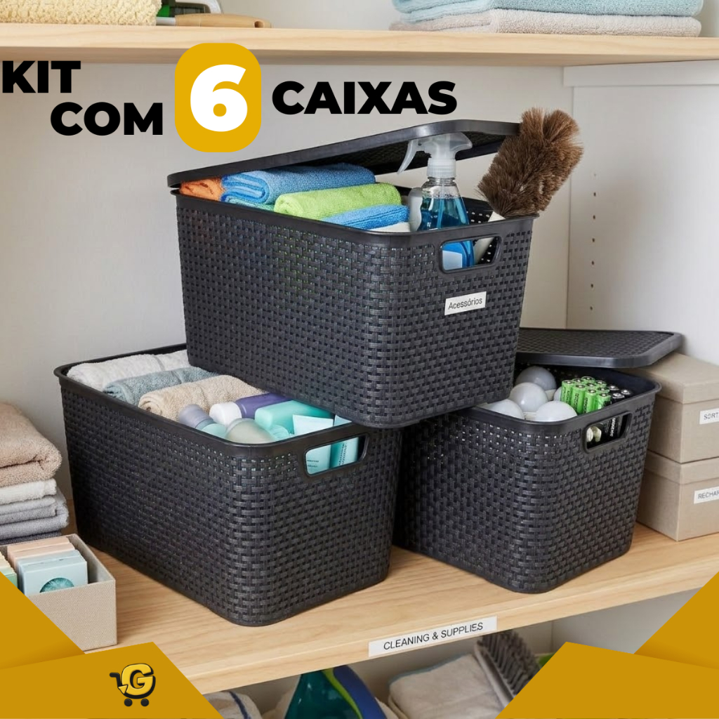 Kit 6 Cestos Rattan 7L com Tampa Organizadores Coloridos Multiuso