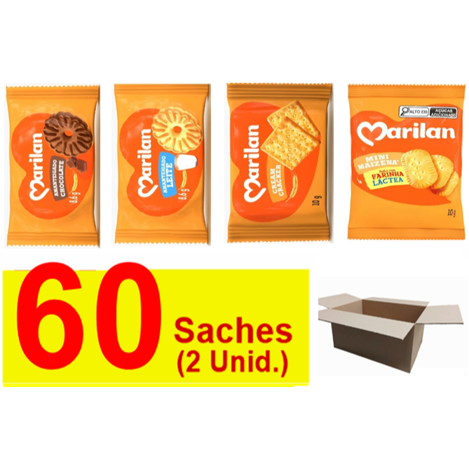 60 Saches (2un) Biscoitos Sortidos Amanteigados Marilan Chocolate Leite Banana com Canela