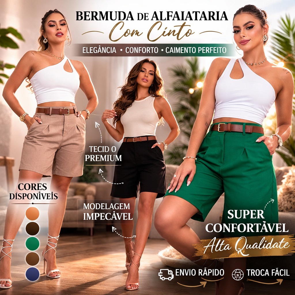 bermuda alfaiataria feminino  com cinto Shots Social linho Moda Feminina P, M, G, GG, G1, G2