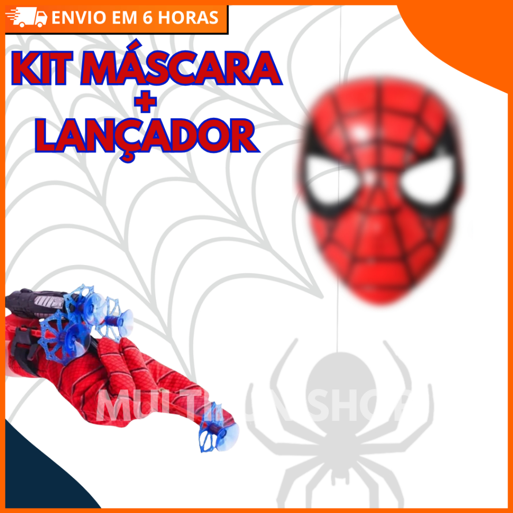 Kit Luva Lança Teia + Máscara Super Herói  Brinquedo Infantil Crianças Fantasia de Aventura e Diversão