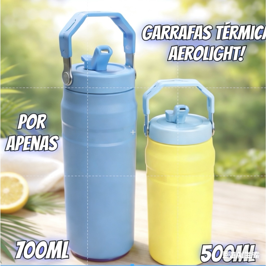 Garrafa Térmica Aerolight 500ML/700ML |  Inox  Flip Straw | Canudo Embutido e Alça Antivazamento | OFERTA LANÇAMENTO |