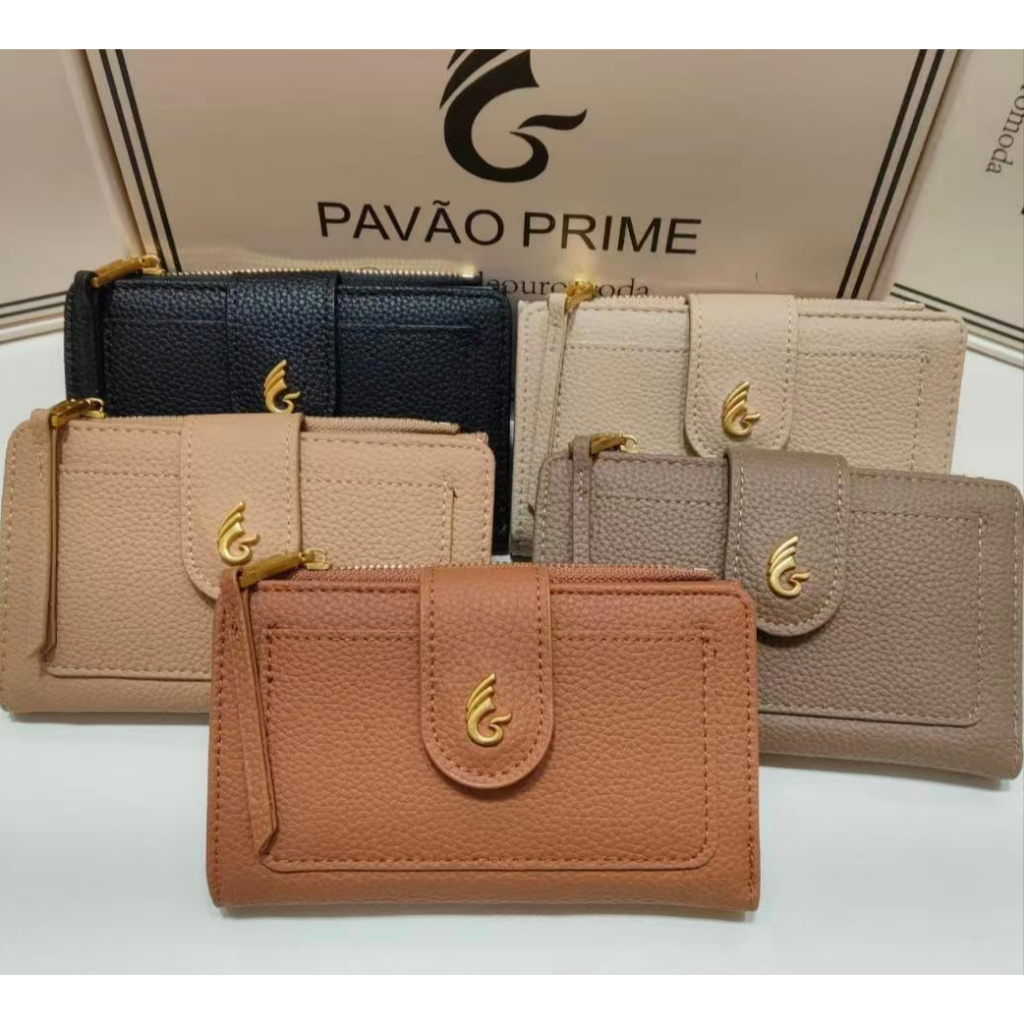 Carteira PAVÃO DE OURO em couro granulado, com vários compartimentos para cartões, estilo luxuoso discreto.（xz165）