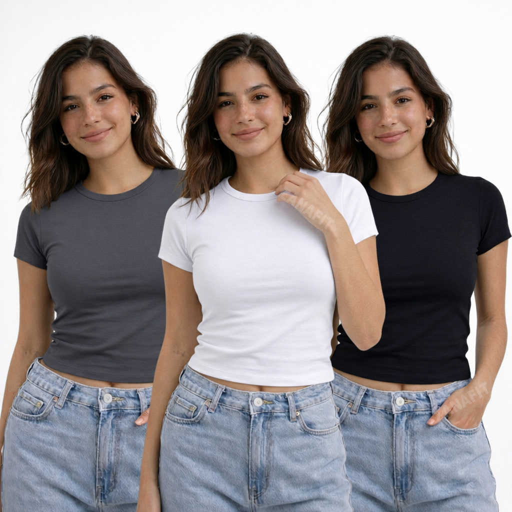 Kit 3 Camisa Baby Look Feminina Blusa Slim Fit Manga Curta Baby Tee Academia