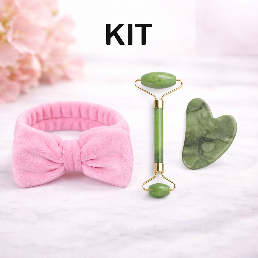 Rolo Massageador Pedra De Jade Massagem Facial Com Gua Shá + Faixa de Laço Maquiagem