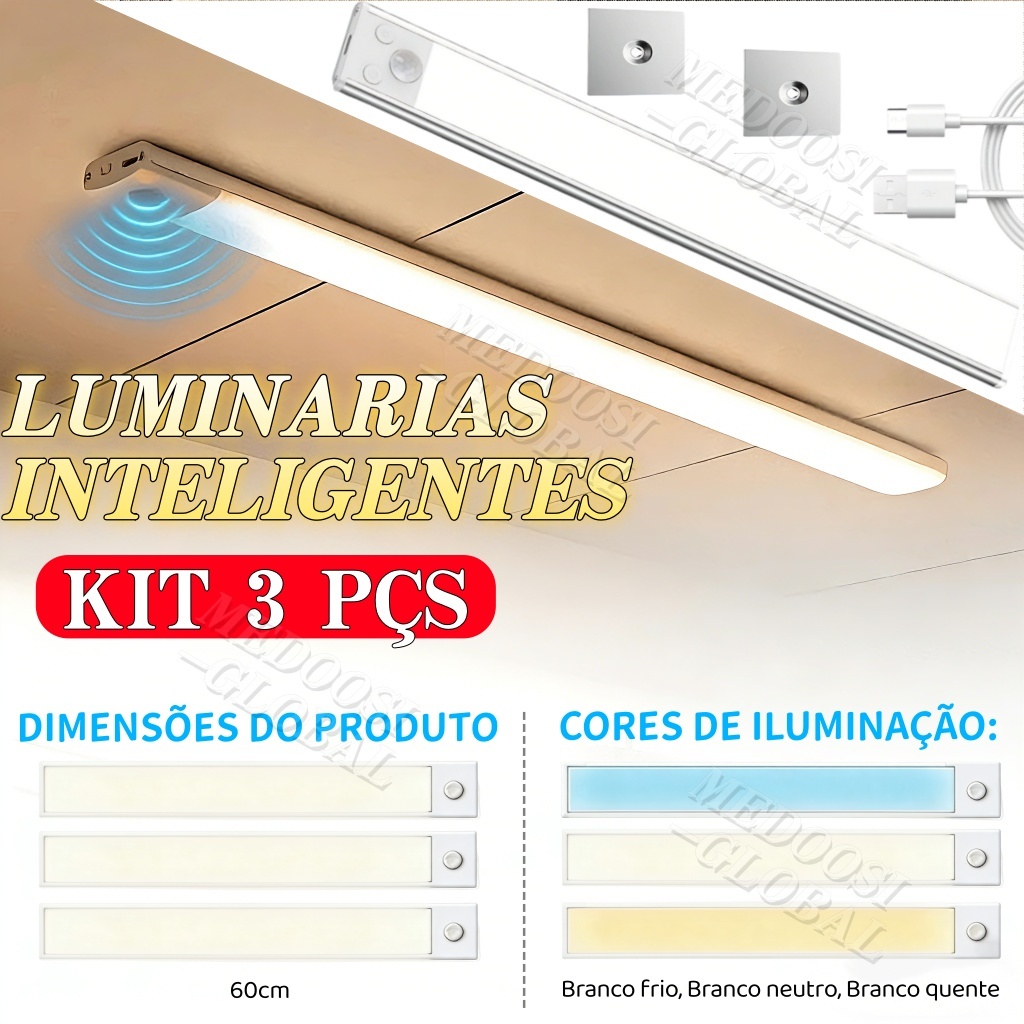 Luz 3 Cores 60cm Regulável Led Luminária USB Recarregável Lâmpada Sensor De Movimento Luz Noturna Iluminação