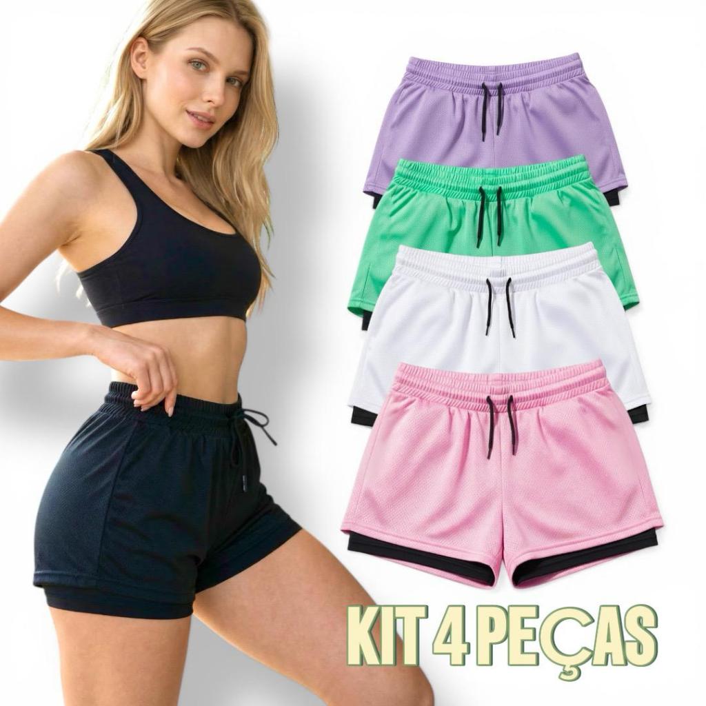 Kit 4 Shorts 2 Em 1 Feminino Academia Com Compressão Dry Fit Treino Corrida Caminhada Verão
