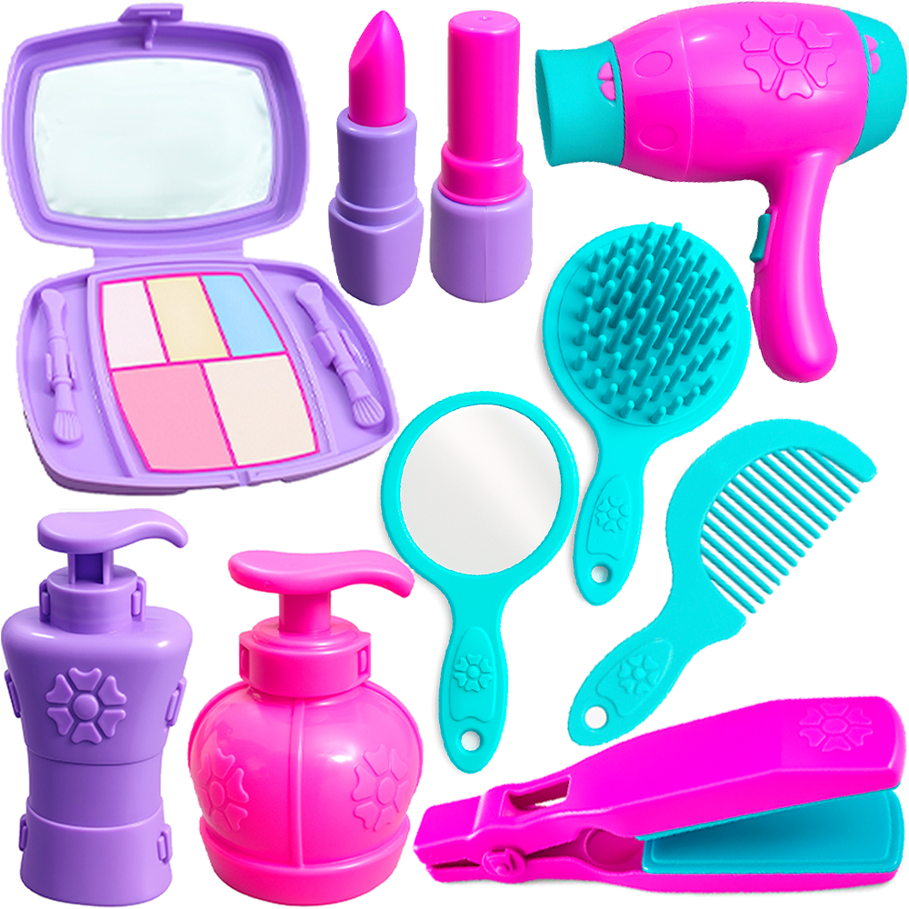Kit Salão de Beleza Chapinha Secador Paleta Maquiagem Perfume Pente Espelho Brinquedo Faz De conta