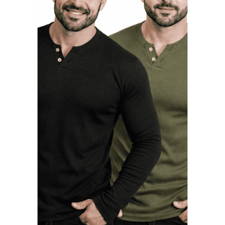 Kit 2 Camiseta Henley Masculina Slim Fit Manga Longa 2 Botões Malha Algodão Canelado em Oferta na Shopee