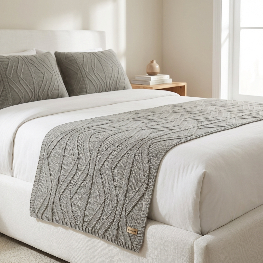 Peseira Manta Tricô Cama Casal Queen 230x60cm +2 Capa de Almofada 60x40cm H02