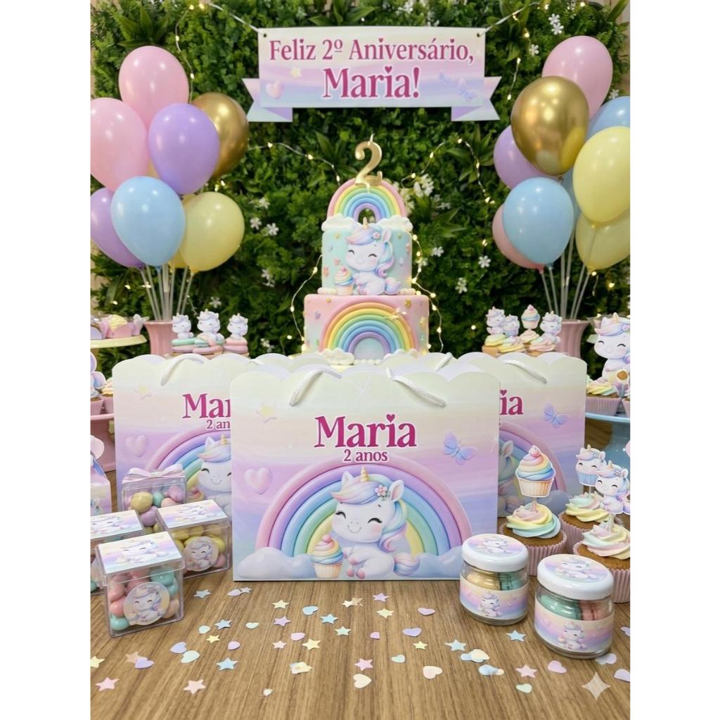 Sacola Personalizada Festa Infantil Aniversário | Sacolinha Surpresa Tema Personalizado Pegue e Monte - Unicornio