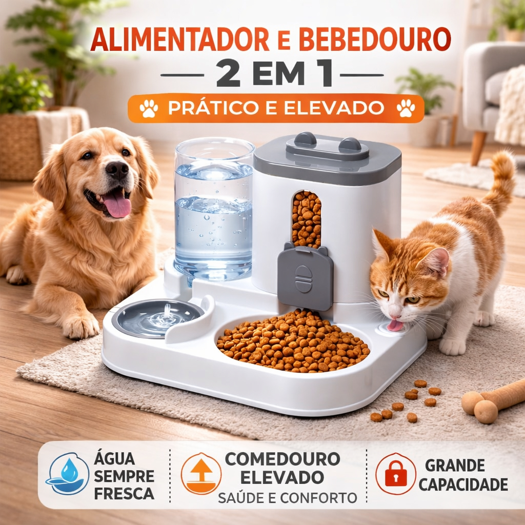 Alimentador E Bebedouro Elevado Automático 2 Em 1 Cinza E Branco Com Visor De Ração Para Pets Design Moderno E Compacto