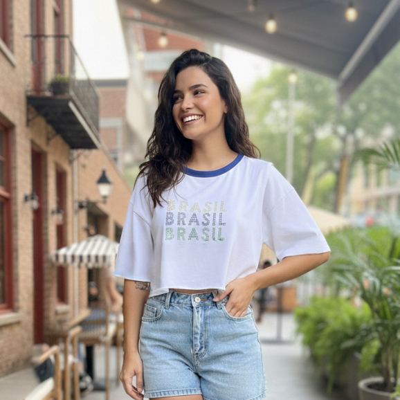 CROPPED FEMININO A FIO BRASIL COM PEDRARIA STRASS 100% ALGODÃO MODA CONFORTÁVEL BLUSA ESTILO PREMIUM