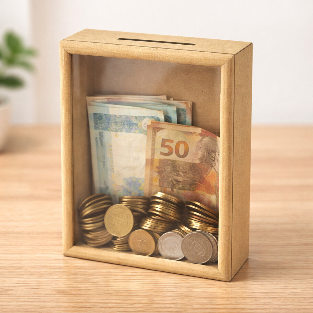 Cofre MDF com Acrílico Transparente 20x15cm Porta Dinheiro Caixa Cofrinho Decorativo Resistente ideal guardar dinheiro