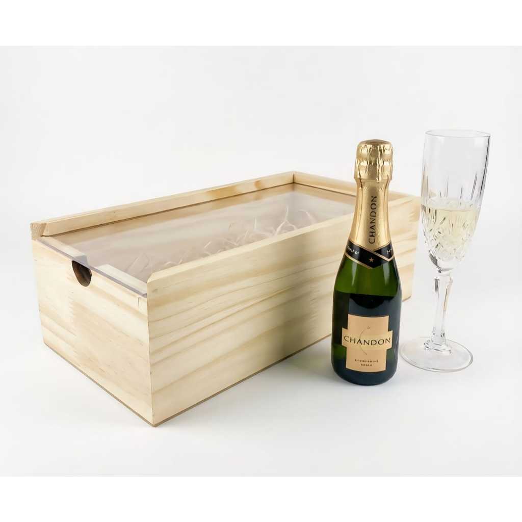 Caixa Estojo Pinus Tampa Acrílica Para Mini Chandon + Palha Para Presente