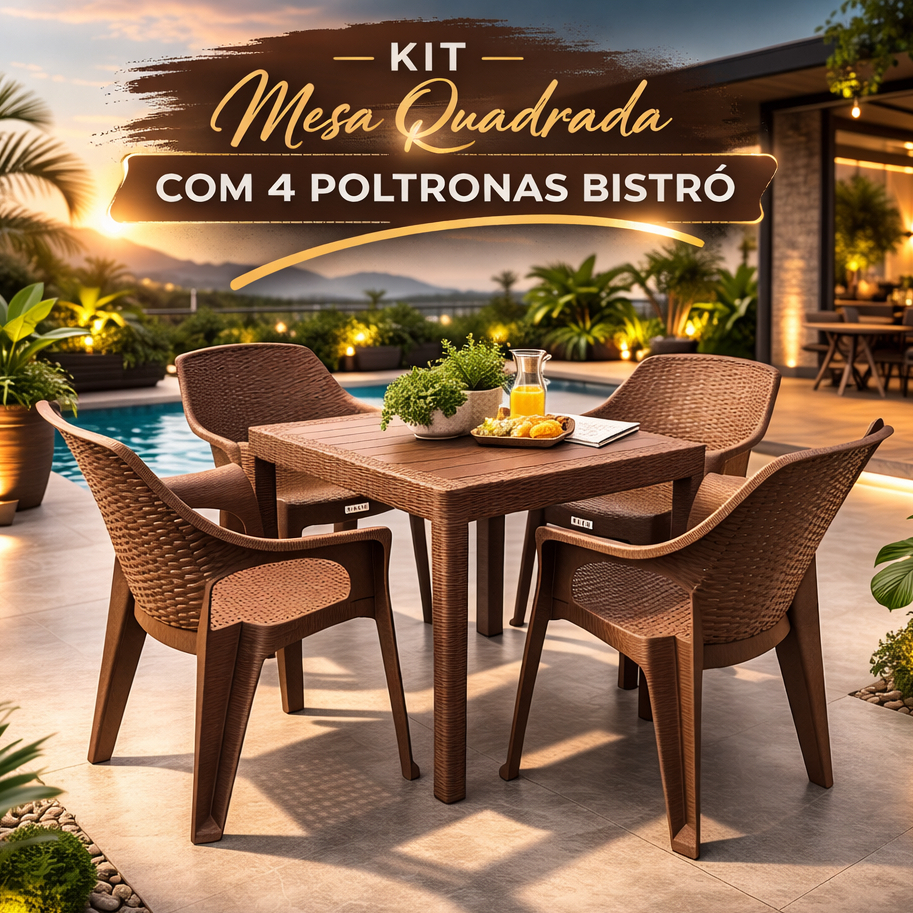 Conjunto 1 Mesa Quadrada com 4 Poltronas Kit Jogo Bistrô Rattan Reforçado Jardim Varanda Salão Festa
