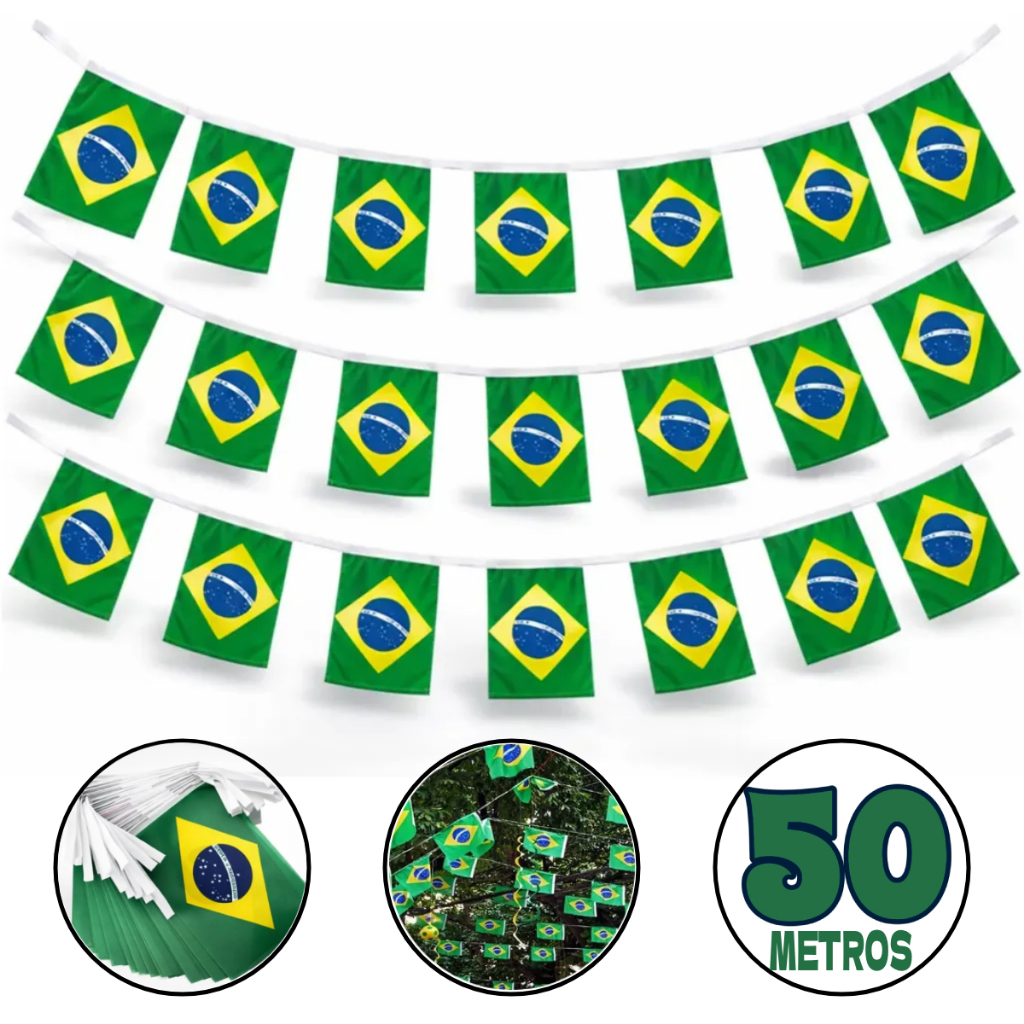 Bandeirinhas do Brasil Copa do Mundo 2026 Varal de Bandeiras - 20 Bandeirinhas - 10 Metros Cada Varal