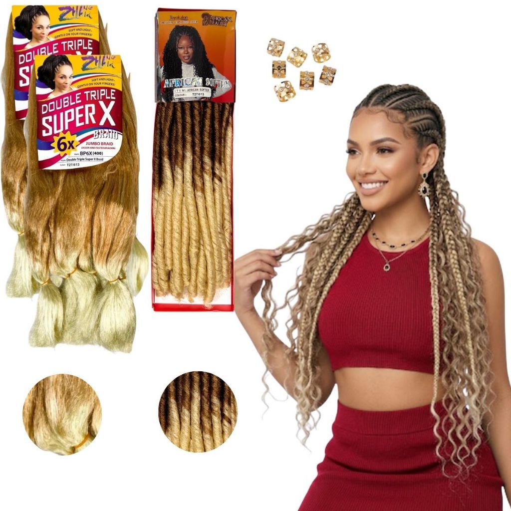 Kit 3 Cabelos Gypsy Braid Fulani Nina Soltex + Jumbão Trança Box Braid+ Anéis