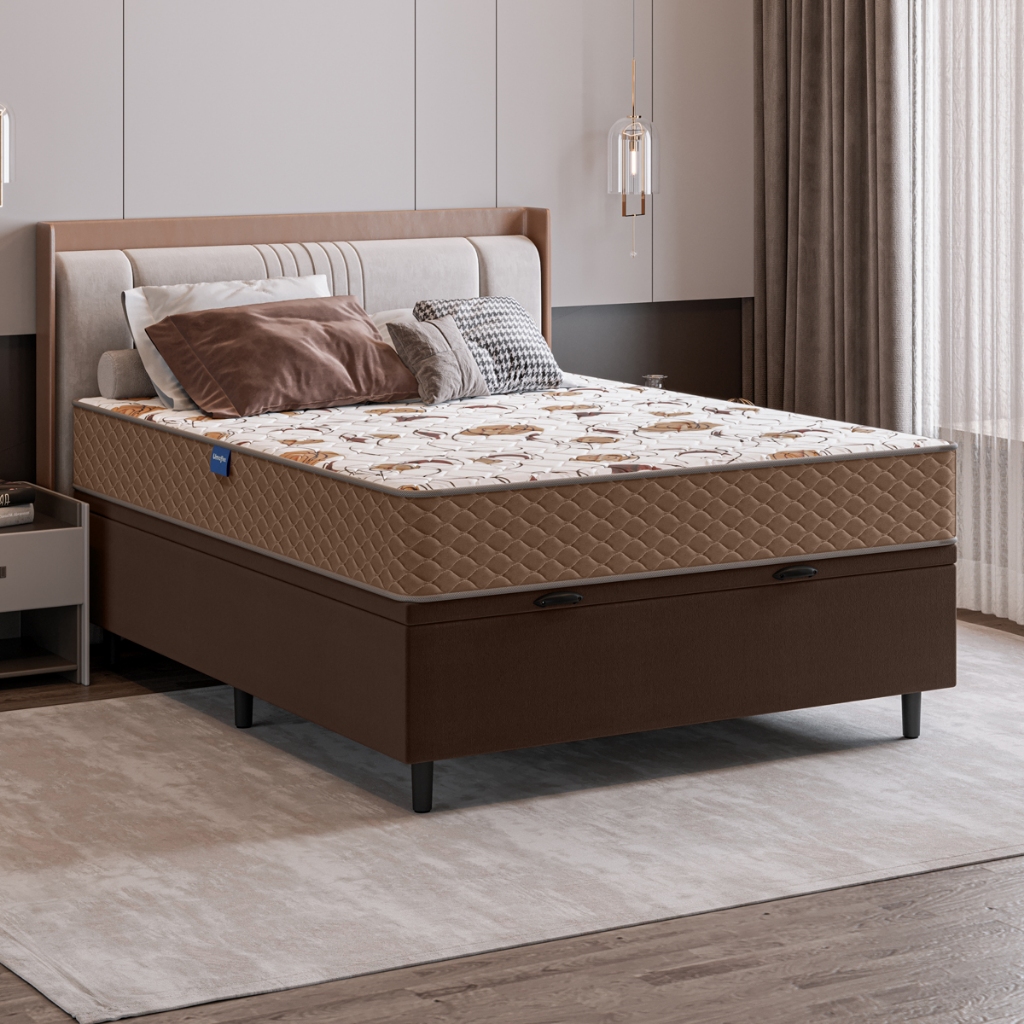 Cama Box Baú Casal Marrom e Colchão Casal D33 Extra Firme 138x188x66 Eliana Umaflex