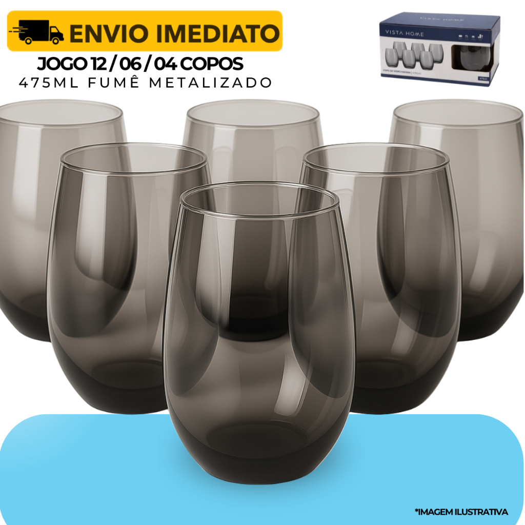 Jogo 12/6/4 Copos Vidro Fumê Metalizado Luxo 475ml Cinza - Resistente Aruba