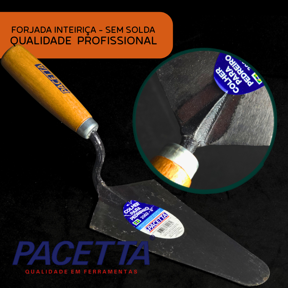 Colher Para Pedreiro 10" 7" 8" e 9" Forjada Em Aço Cabo Madeira Lâmina Canto Reta Reforçada - PACETTA