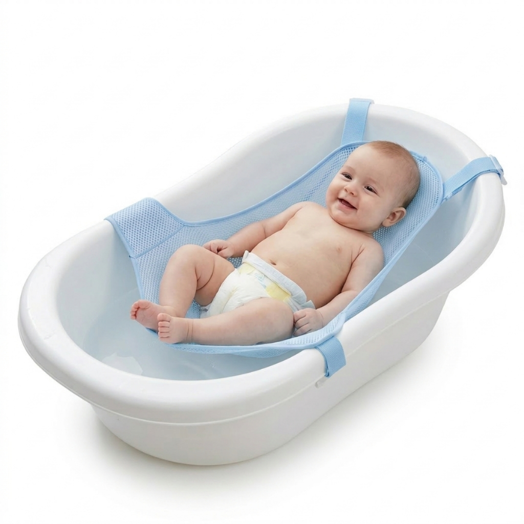 Rede de Banho Proteção Banheira Infantil Recém Nascido Almofadado Ajustável Confortável 2 Cores Menino Menina