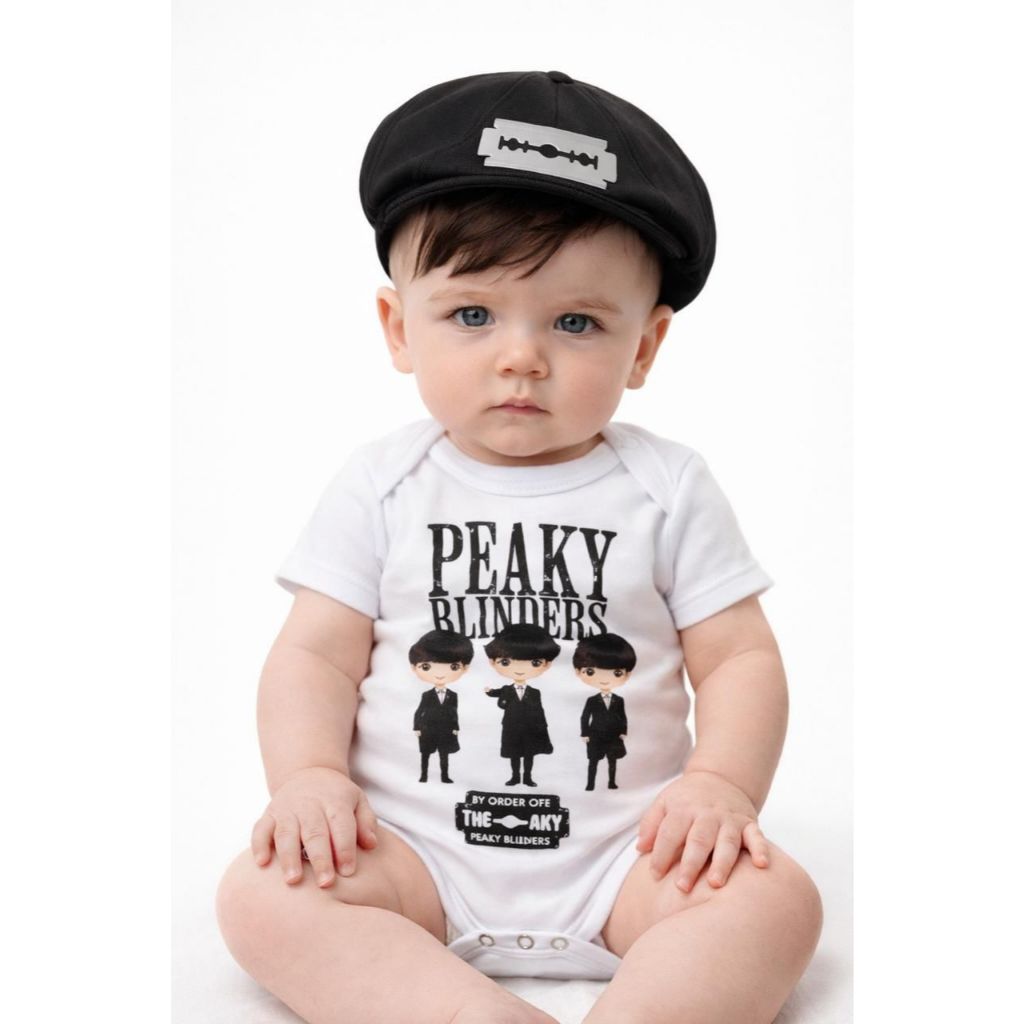 Body SÉRIE Peaky Blinders Bebê Fantasia com Boina e aplique 3D Mesversário Roupa Infantil Temática