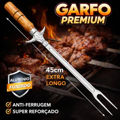 Garfo Churrasco 45cm Alumínio Fundido Cabo Madeira Cabeça de Boi Reforçado Premium