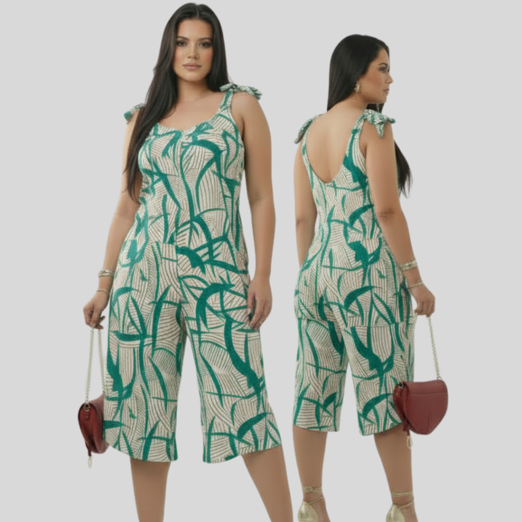 kit 2 Macacão Feminino  Pantacourt Alça  Estampado em Crepe  Elegante Confortável Leve Moda Social  Verão