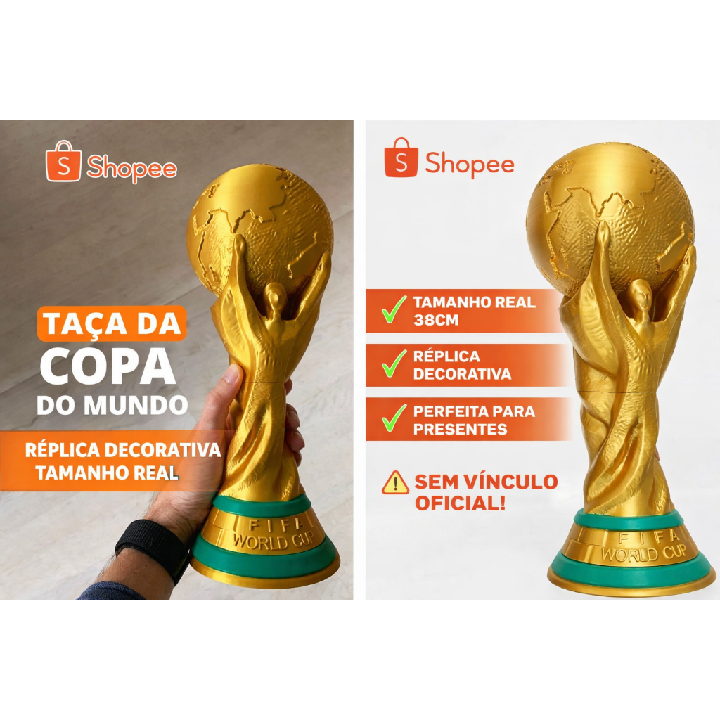 Taça da Copa do Mundo Réplica Troféu Futebol Decorativo Dourado (Tamanho Real, 25cm e 15cm)