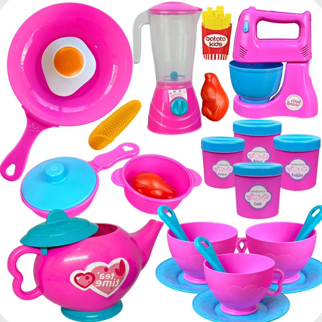 Kit Cozinha Infantil de Brinquedo 26 Peças Panelas Xícaras Elétros Comidinhas Completa