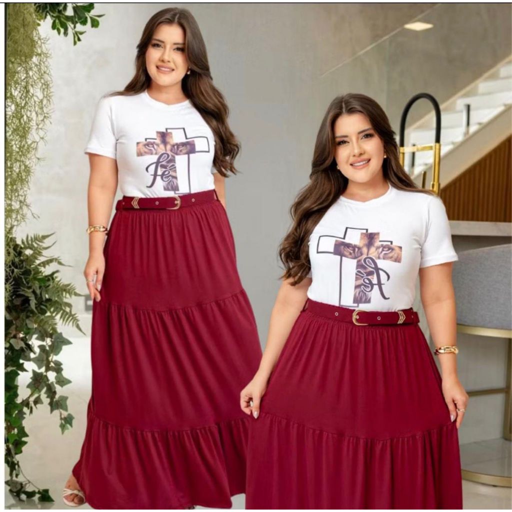 Conjunto Feminino Social Saia Longa Com Blusa Sublimada E Cinto Moda Evangelica Plus Size Congresso