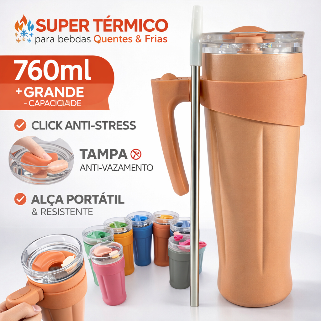 Garrafa Térmica 760ml Portátil com Alça e Click Relax | Antivazamento | Conserva Gelado/Quente | Copo Funcional