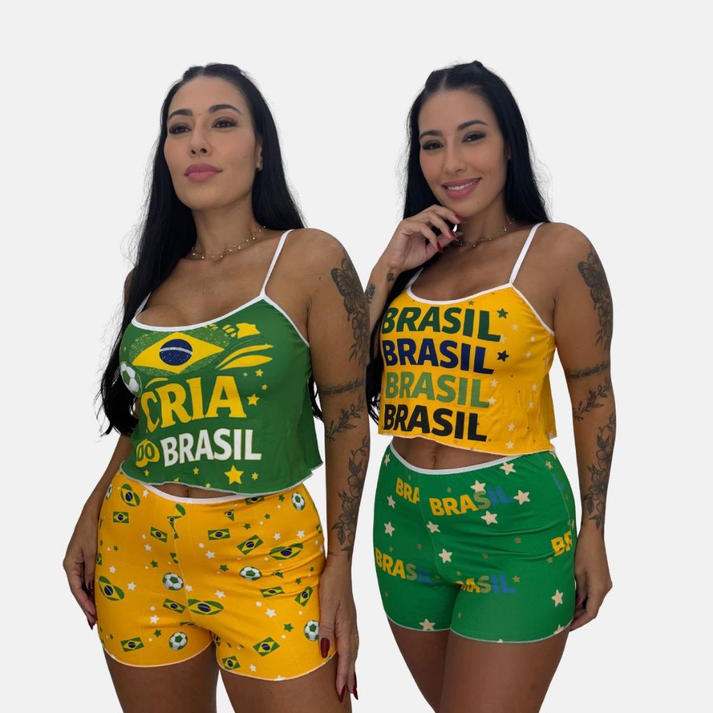 Pijama Estampado Brasil Copa do Mundo Feminino Baby Doll Seleção Brasileira Torcida Curto Short Doll
