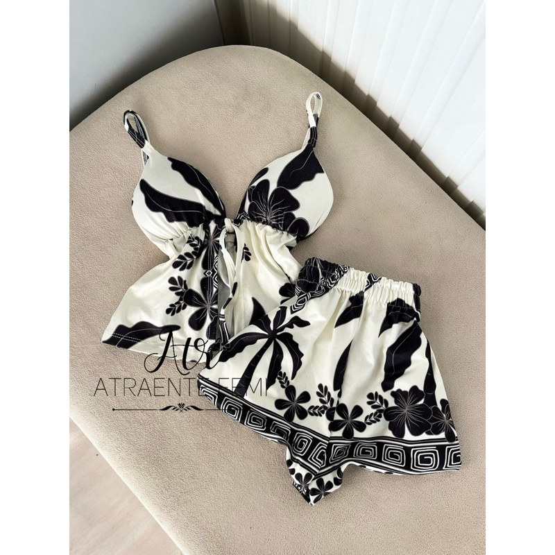 Lançamento conjunto estampado feminino Croped batinha + short com elastano