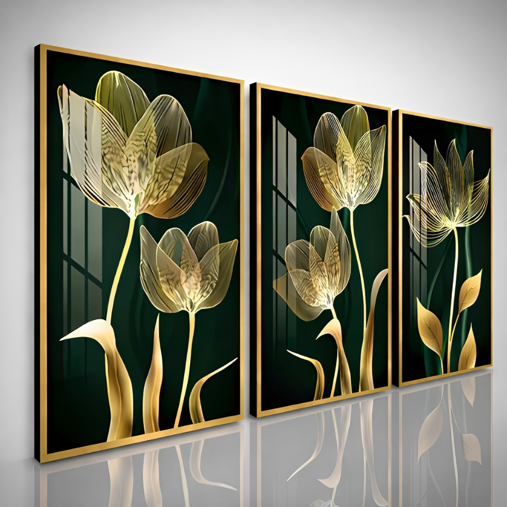 Quadro Decorativo Flor Abstrata Trio Gold Sala Quarto Hall em Oferta na Shopee