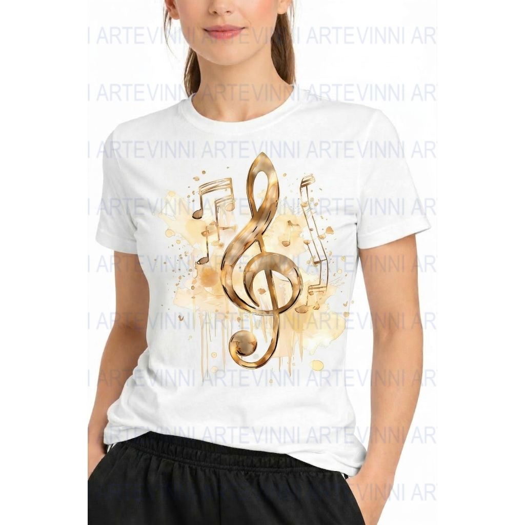 Camiseta masculina ou feminina music musica nota musical ouro